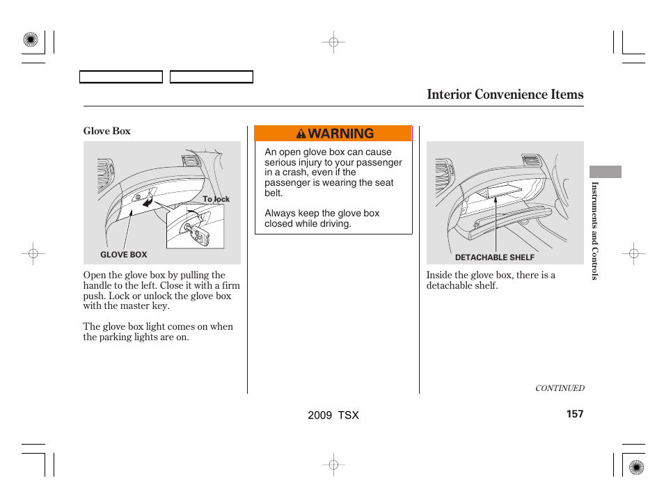 Interior convenience items | Acura 2009 TSX User Manual | Page 160 / 524