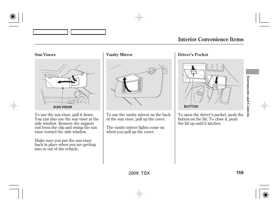 Interior convenience items | Acura 2009 TSX User Manual | Page 162 / 524