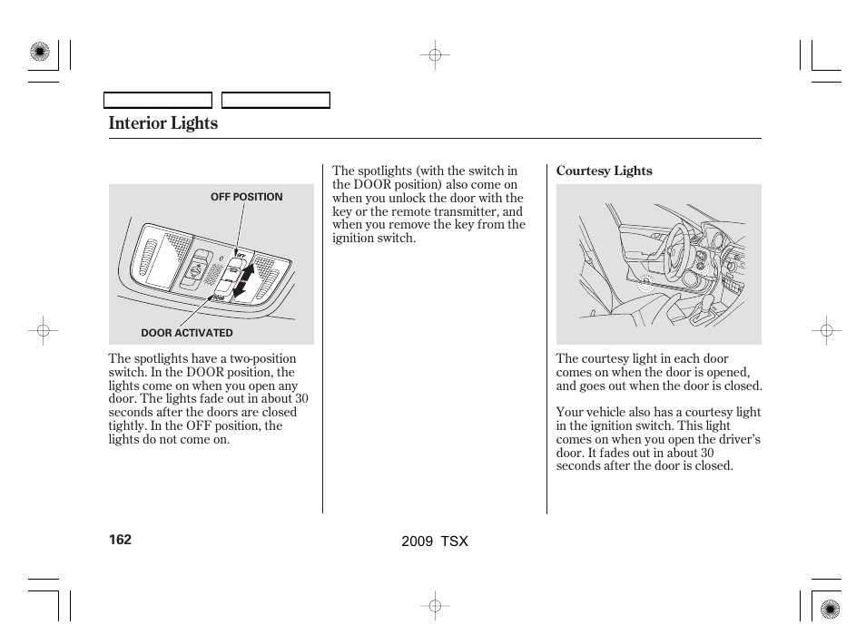 Interior lights | Acura 2009 TSX User Manual | Page 165 / 524