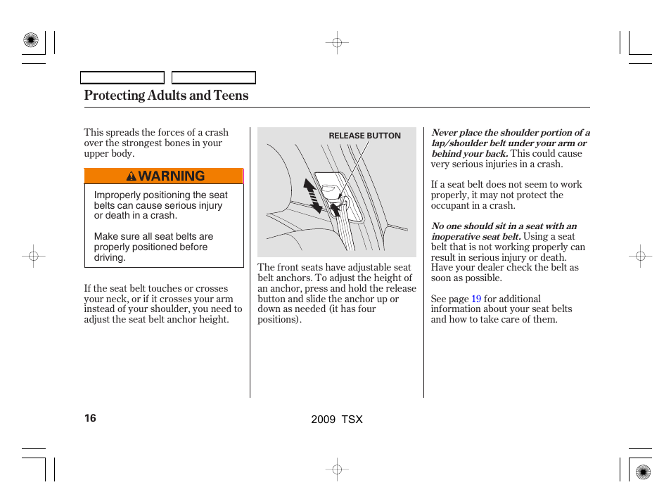 Protecting adults and teens | Acura 2009 TSX User Manual | Page 19 / 524