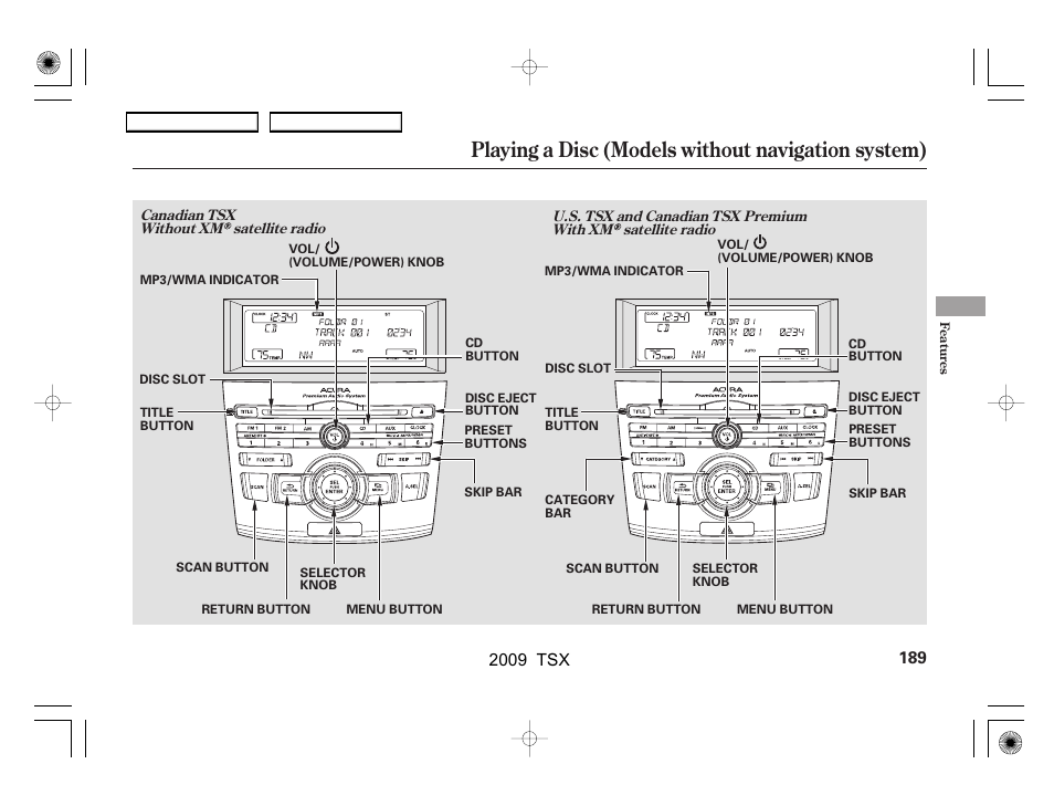 Playing a disc (models without navigation system) | Acura 2009 TSX User Manual | Page 192 / 524