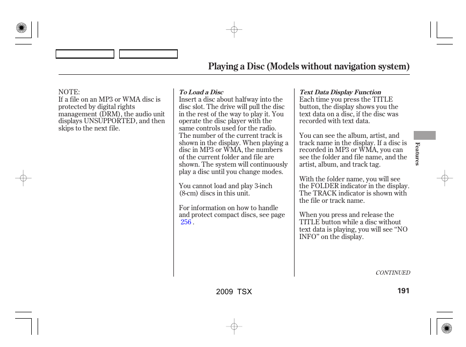 Playing a disc (models without navigation system) | Acura 2009 TSX User Manual | Page 194 / 524