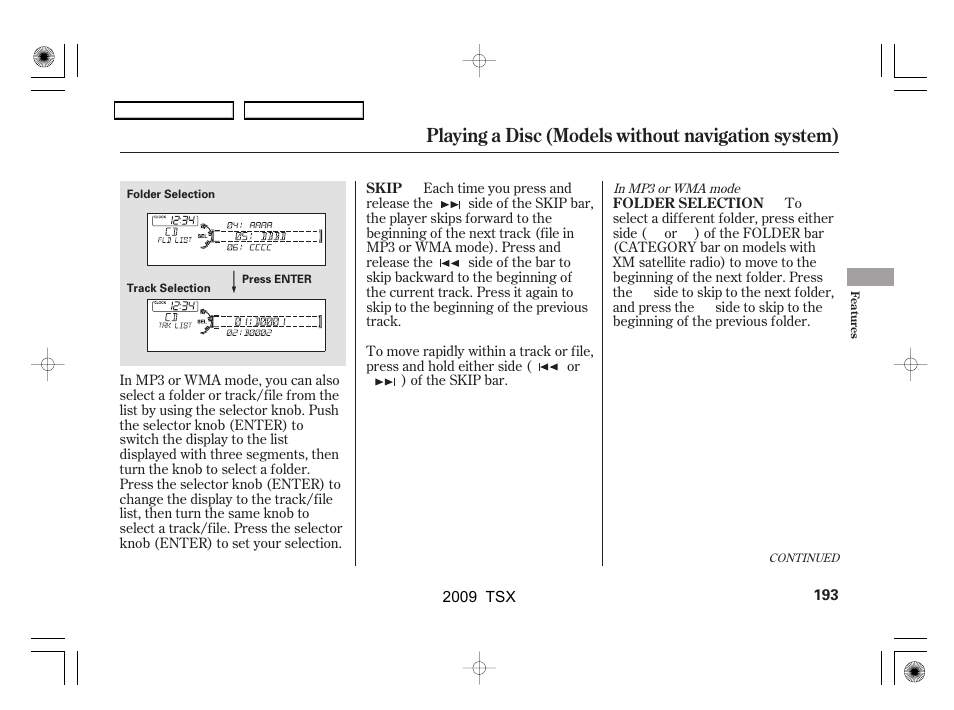 Playing a disc (models without navigation system) | Acura 2009 TSX User Manual | Page 196 / 524