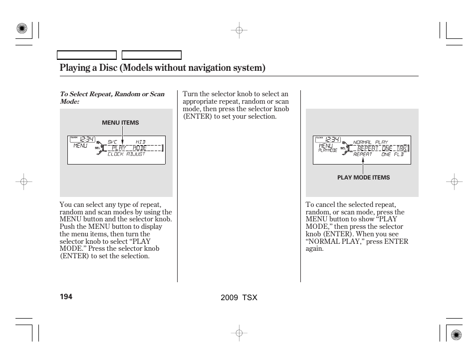Playing a disc (models without navigation system) | Acura 2009 TSX User Manual | Page 197 / 524