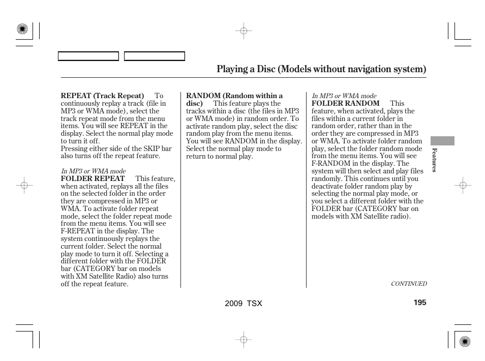 Playing a disc (models without navigation system) | Acura 2009 TSX User Manual | Page 198 / 524