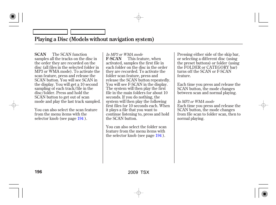 Playing a disc (models without navigation system) | Acura 2009 TSX User Manual | Page 199 / 524