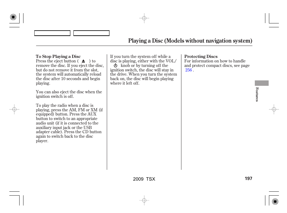 Playing a disc (models without navigation system) | Acura 2009 TSX User Manual | Page 200 / 524