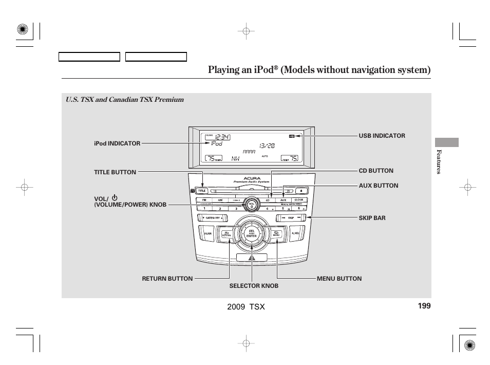 Playing an ipod (models without navigation system) | Acura 2009 TSX User Manual | Page 202 / 524