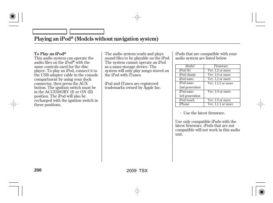 Playing an ipod (models without navigation system) | Acura 2009 TSX User Manual | Page 203 / 524