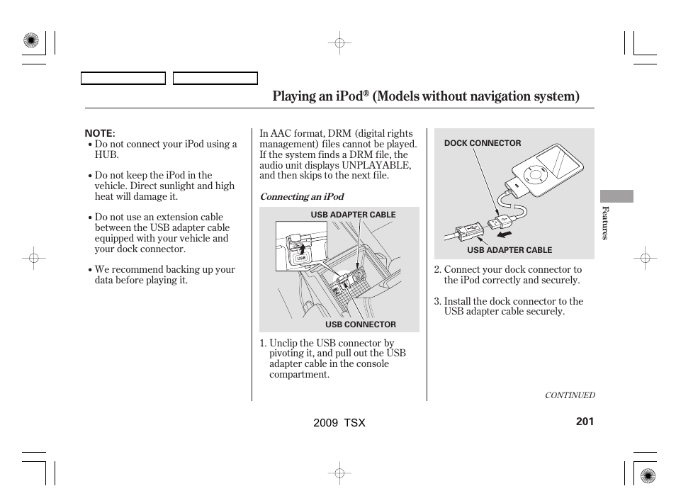 Playing an ipod (models without navigation system) | Acura 2009 TSX User Manual | Page 204 / 524