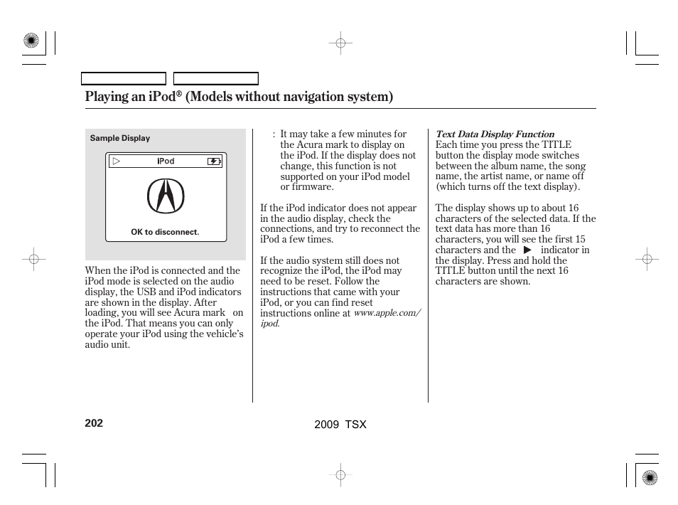 Playing an ipod (models without navigation system) | Acura 2009 TSX User Manual | Page 205 / 524