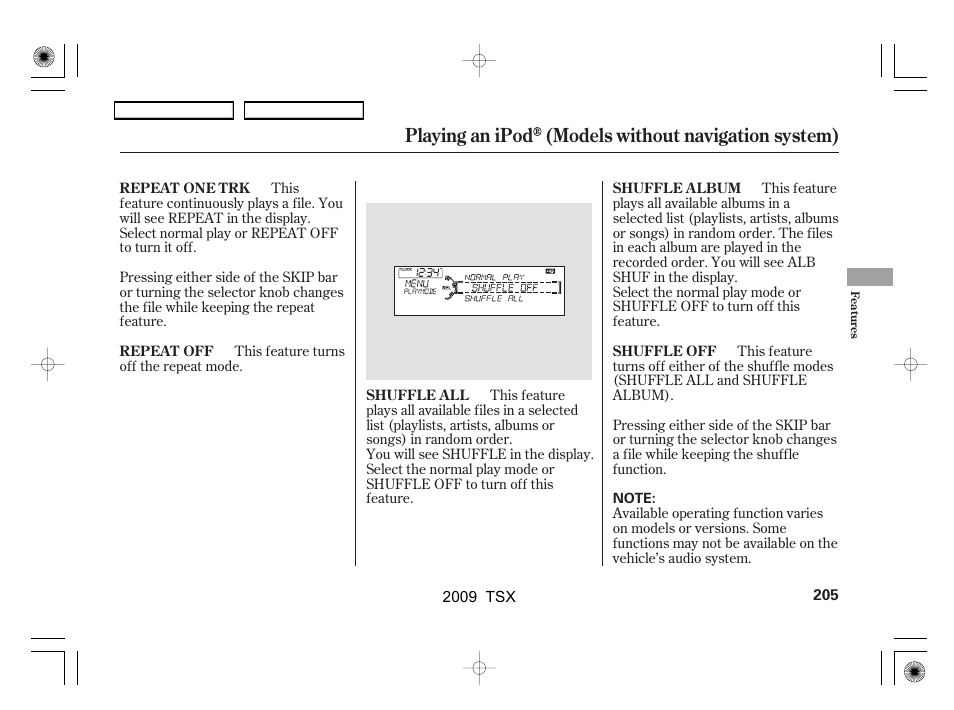 Playing an ipod (models without navigation system) | Acura 2009 TSX User Manual | Page 208 / 524