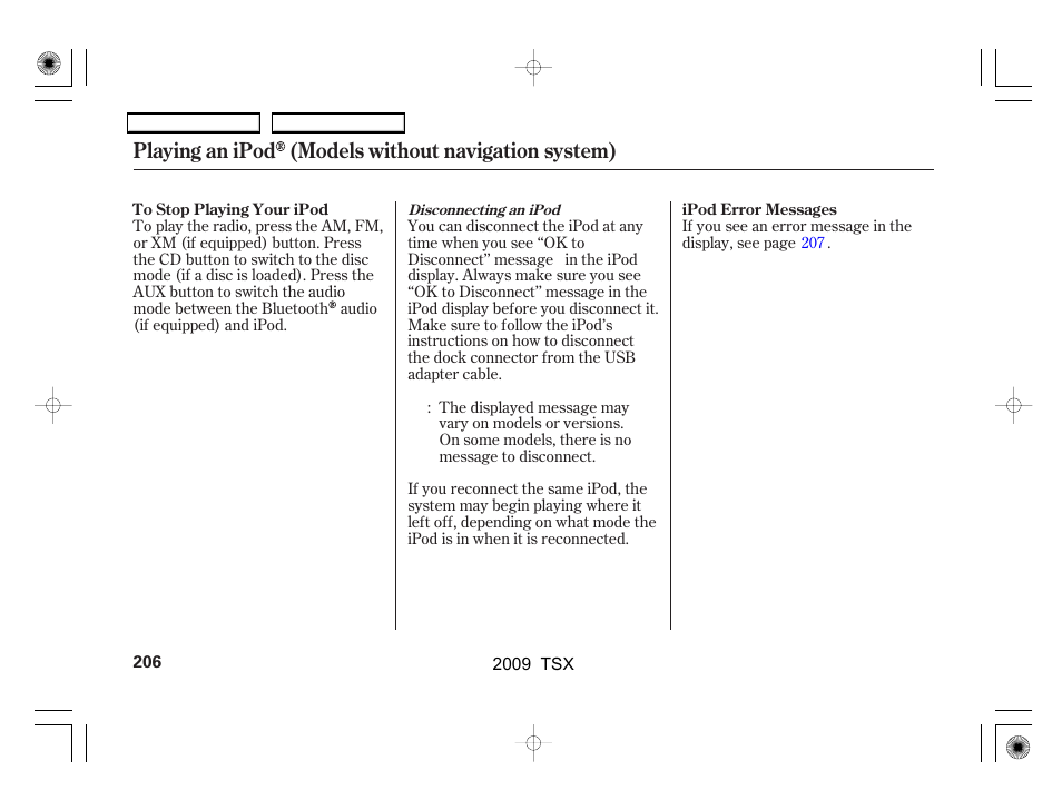 Playing an ipod (models without navigation system) | Acura 2009 TSX User Manual | Page 209 / 524