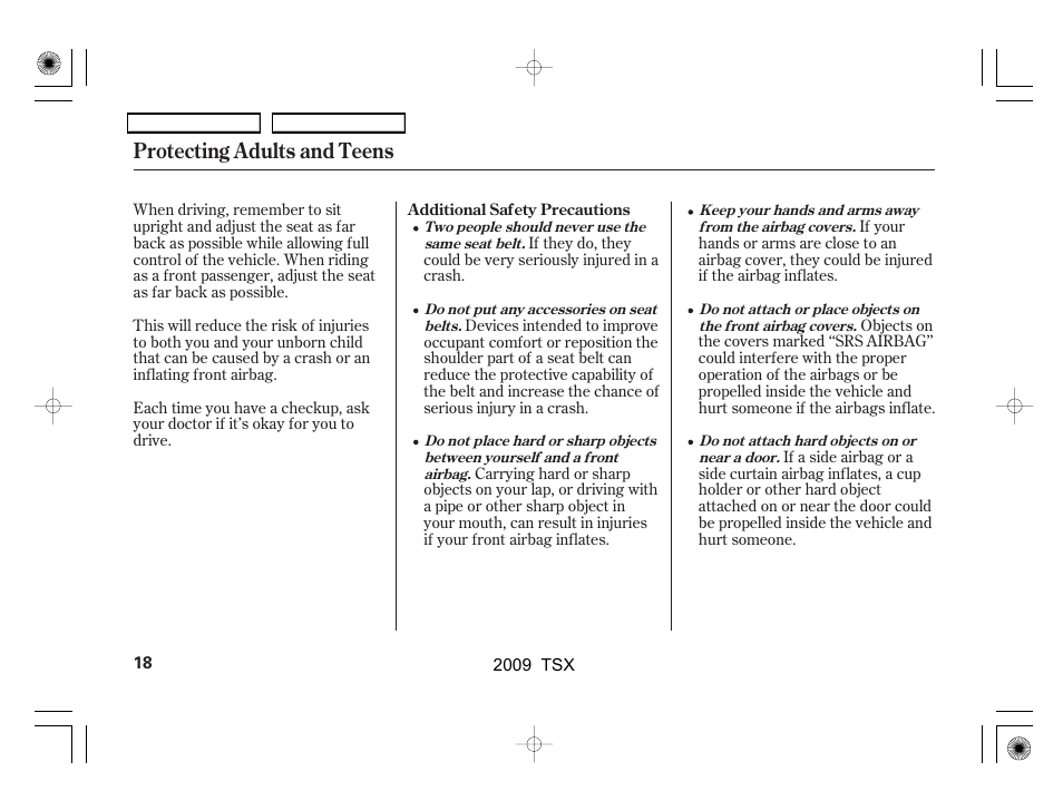 Protecting adults and teens | Acura 2009 TSX User Manual | Page 21 / 524