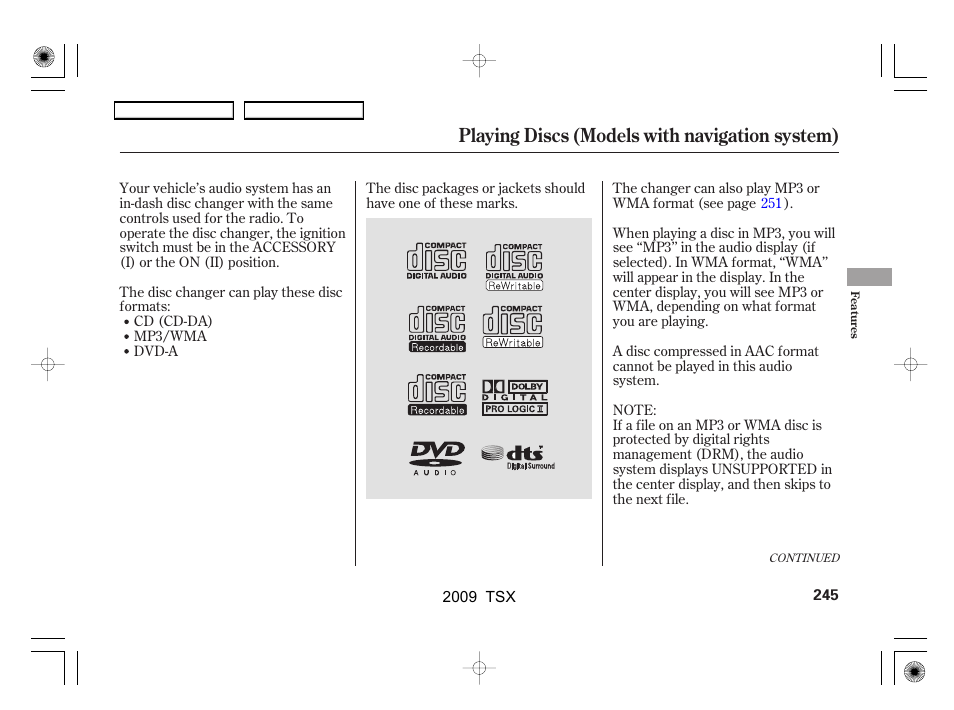 Playing discs (models with navigation system) | Acura 2009 TSX User Manual | Page 248 / 524