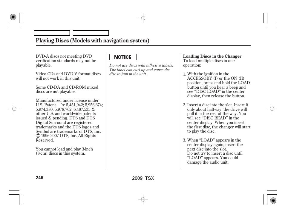 Playing discs (models with navigation system) | Acura 2009 TSX User Manual | Page 249 / 524