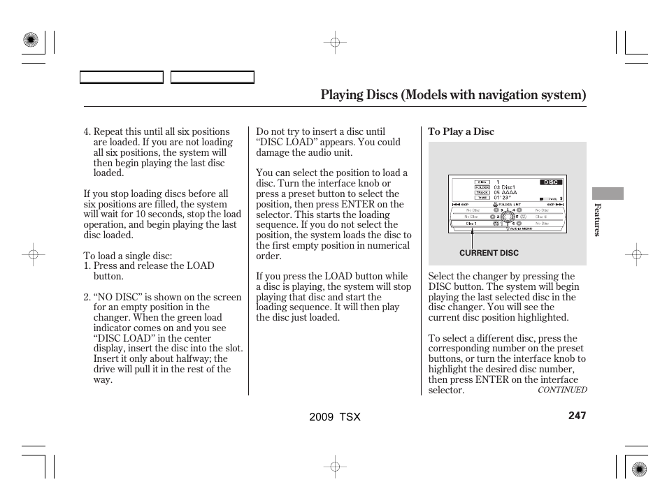Playing discs (models with navigation system) | Acura 2009 TSX User Manual | Page 250 / 524
