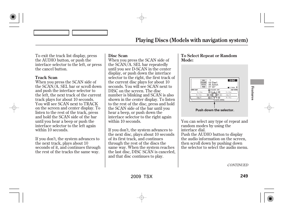 Playing discs (models with navigation system) | Acura 2009 TSX User Manual | Page 252 / 524