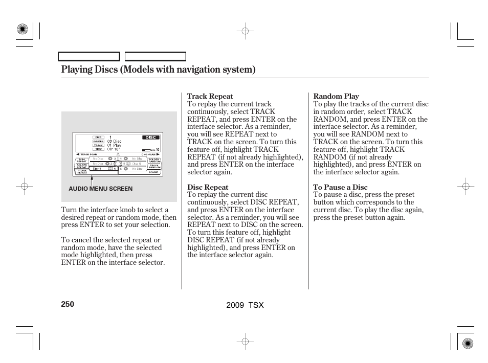 Playing discs (models with navigation system) | Acura 2009 TSX User Manual | Page 253 / 524