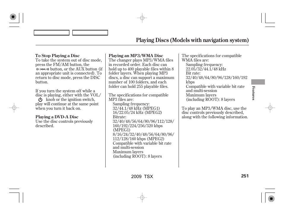 Playing discs (models with navigation system) | Acura 2009 TSX User Manual | Page 254 / 524