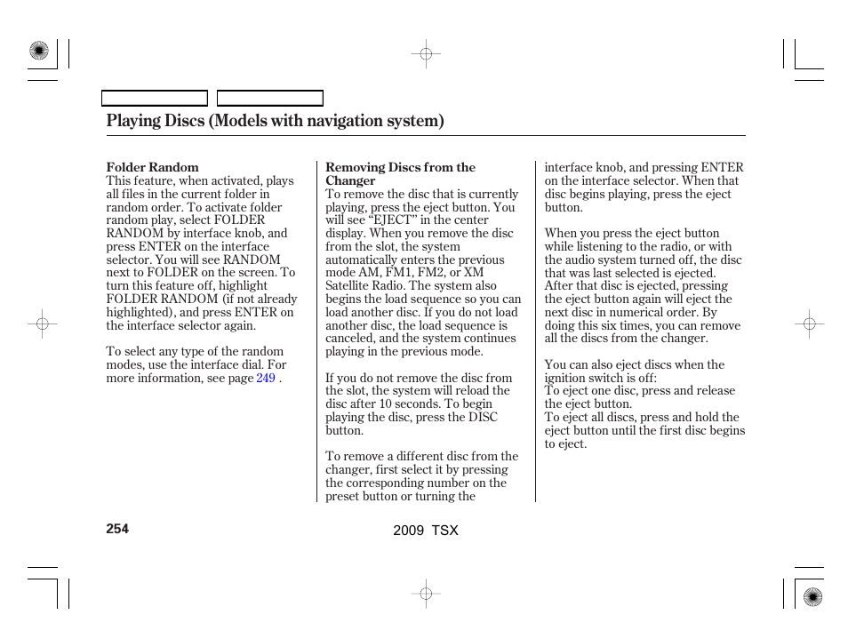 Playing discs (models with navigation system) | Acura 2009 TSX User Manual | Page 257 / 524