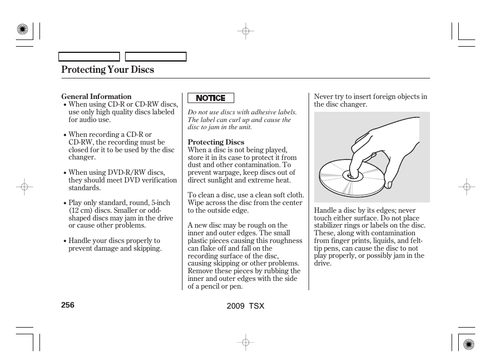 Protecting your discs | Acura 2009 TSX User Manual | Page 259 / 524