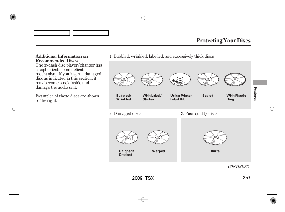 Protecting your discs | Acura 2009 TSX User Manual | Page 260 / 524