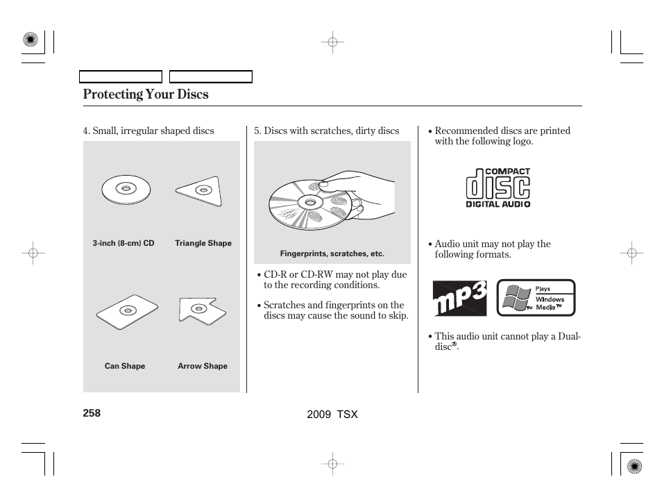 Protecting your discs | Acura 2009 TSX User Manual | Page 261 / 524