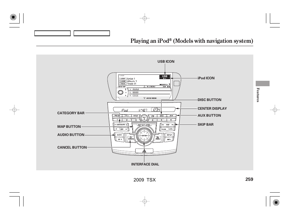 Playing an ipod (models with navigation system) | Acura 2009 TSX User Manual | Page 262 / 524
