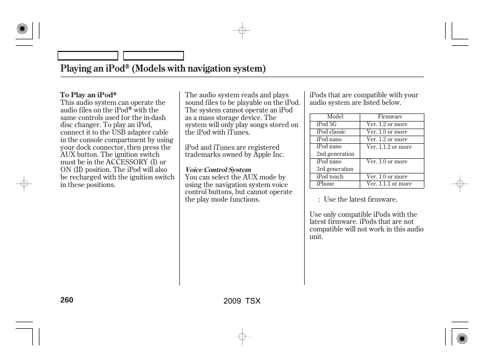 Playing an ipod (models with navigation system) | Acura 2009 TSX User Manual | Page 263 / 524