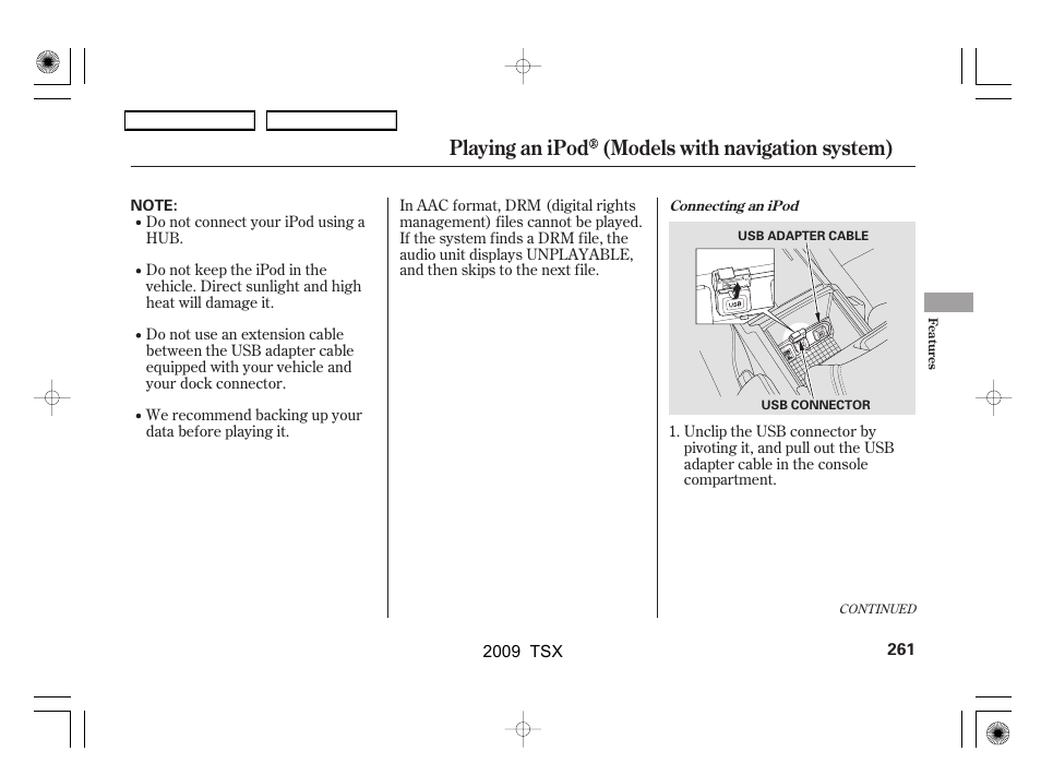 Playing an ipod (models with navigation system) | Acura 2009 TSX User Manual | Page 264 / 524