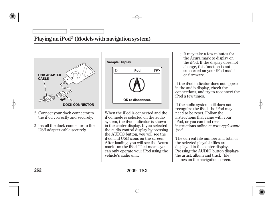 Playing an ipod (models with navigation system) | Acura 2009 TSX User Manual | Page 265 / 524