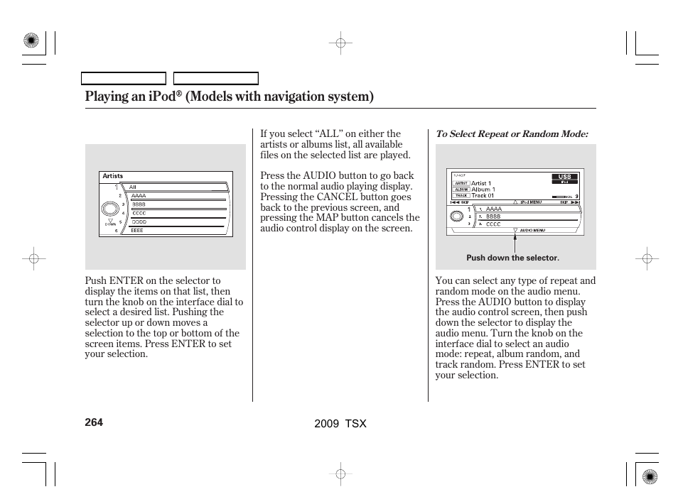 Playing an ipod (models with navigation system) | Acura 2009 TSX User Manual | Page 267 / 524
