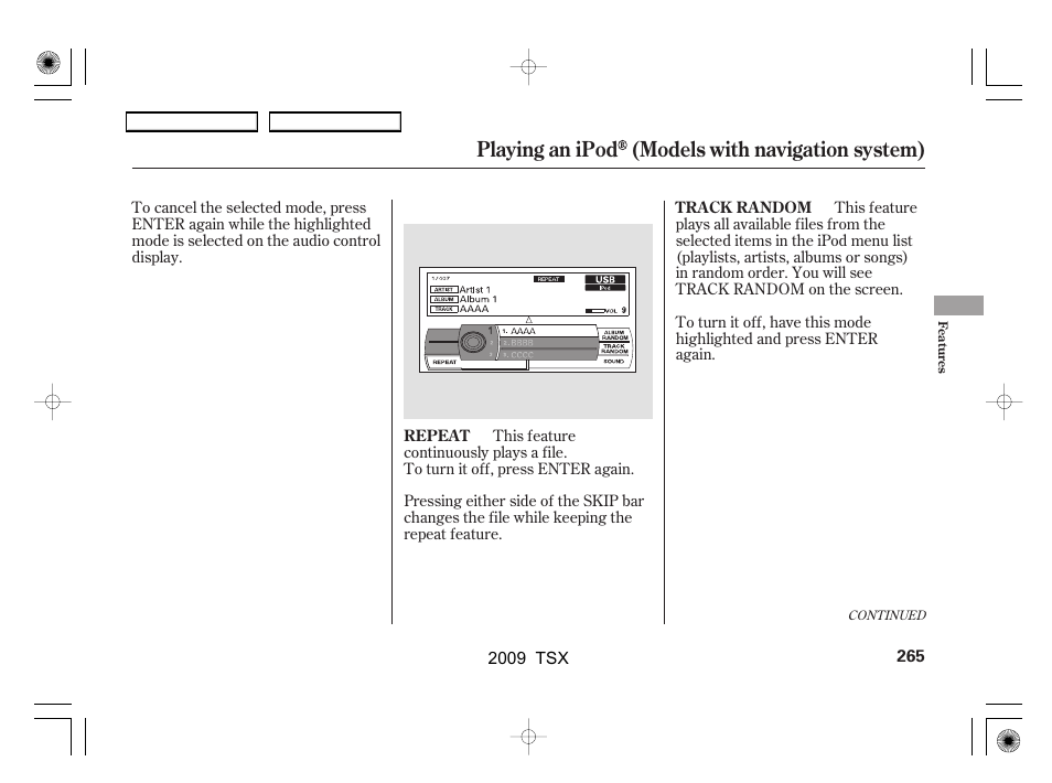 Playing an ipod (models with navigation system) | Acura 2009 TSX User Manual | Page 268 / 524