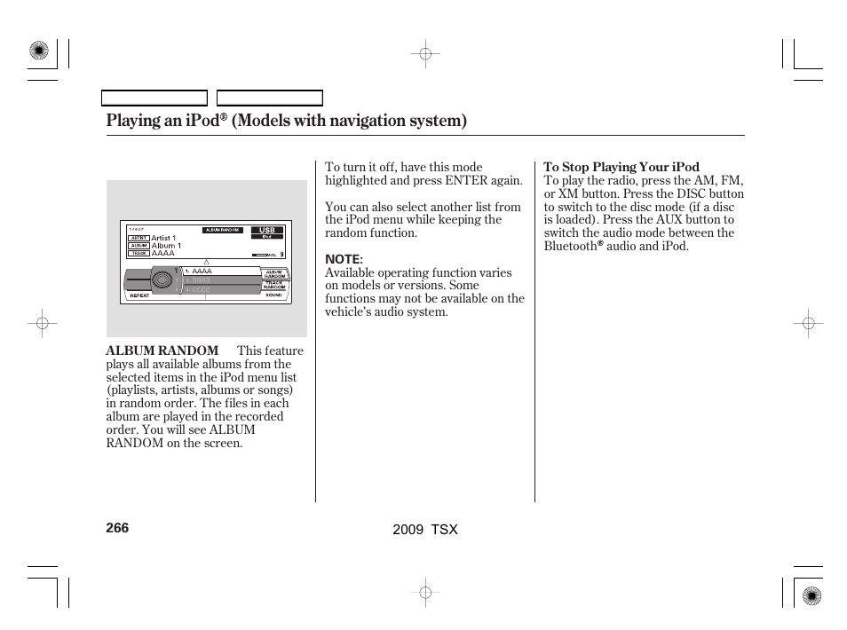 Playing an ipod (models with navigation system) | Acura 2009 TSX User Manual | Page 269 / 524