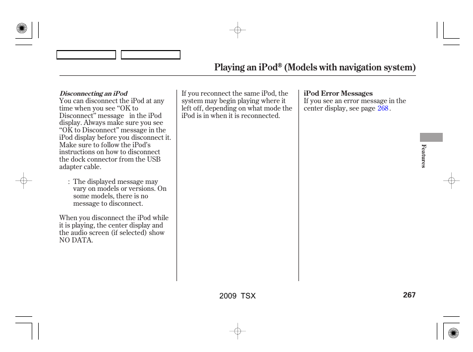 Playing an ipod (models with navigation system) | Acura 2009 TSX User Manual | Page 270 / 524