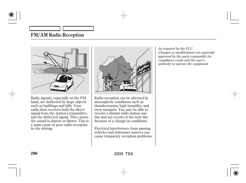 Fm/am radio reception | Acura 2009 TSX User Manual | Page 289 / 524