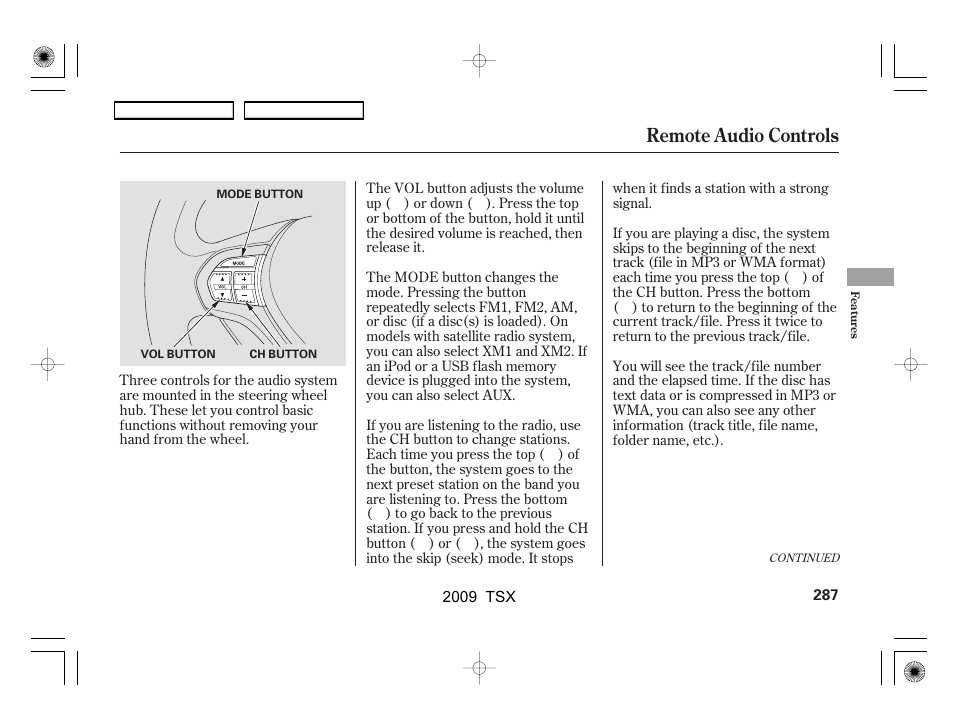 Remote audio controls | Acura 2009 TSX User Manual | Page 290 / 524