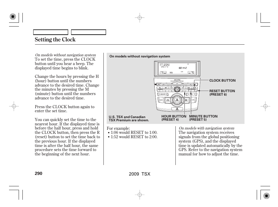 Setting the clock | Acura 2009 TSX User Manual | Page 293 / 524