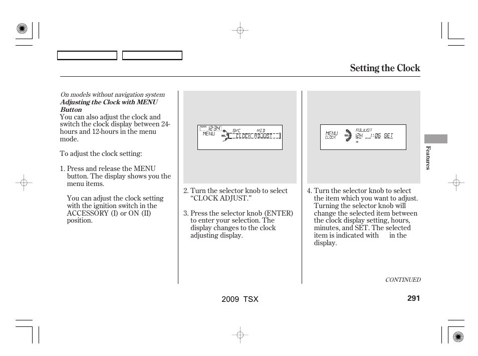 Setting the clock | Acura 2009 TSX User Manual | Page 294 / 524
