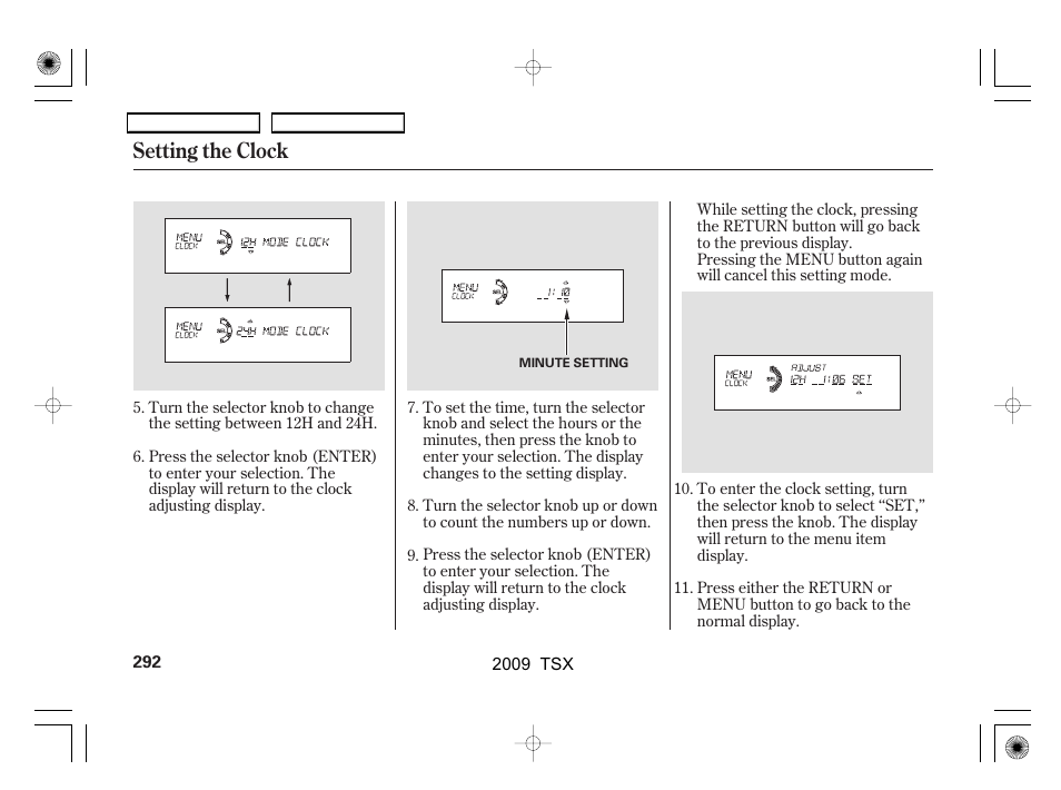 Setting the clock | Acura 2009 TSX User Manual | Page 295 / 524