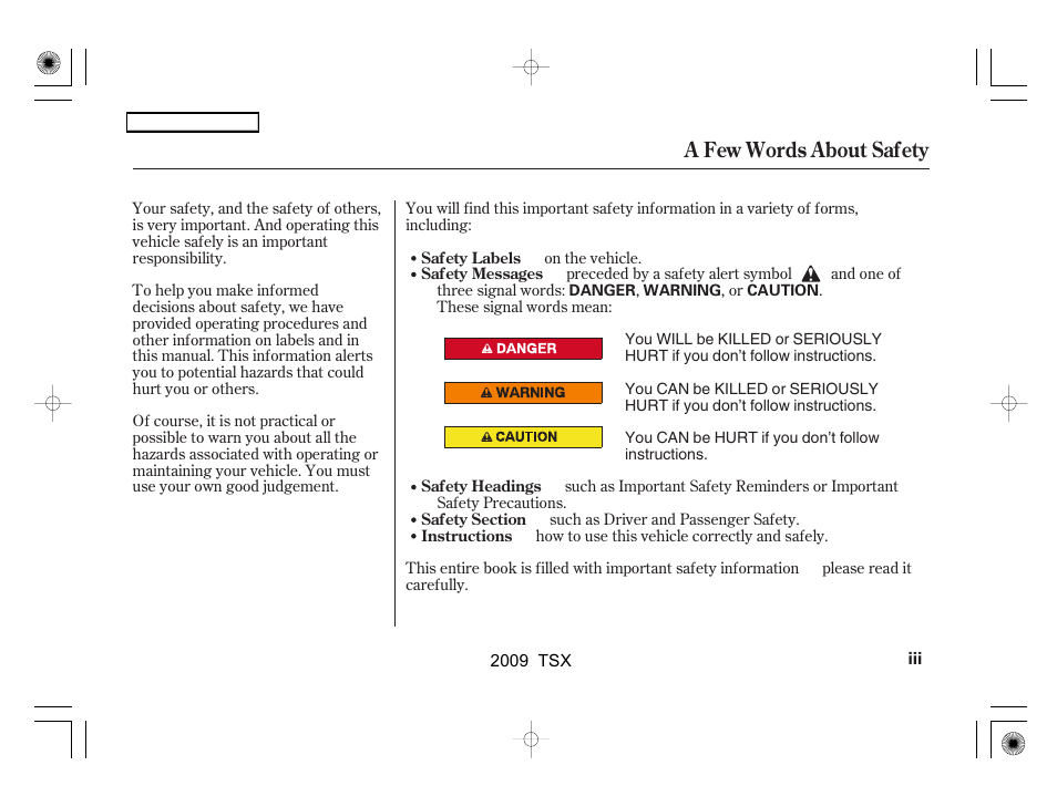 A few words about safety | Acura 2009 TSX User Manual | Page 3 / 524