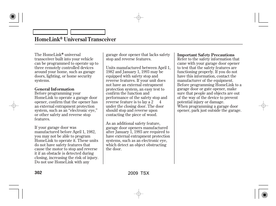 Homelink universal transceiver | Acura 2009 TSX User Manual | Page 305 / 524