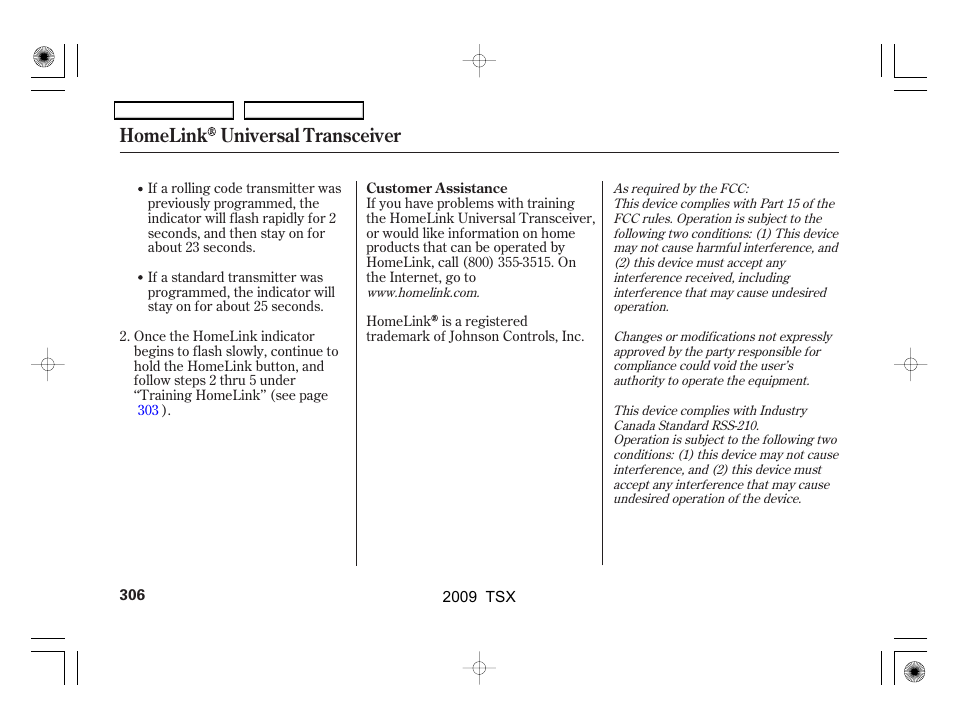 Homelink universal transceiver | Acura 2009 TSX User Manual | Page 309 / 524