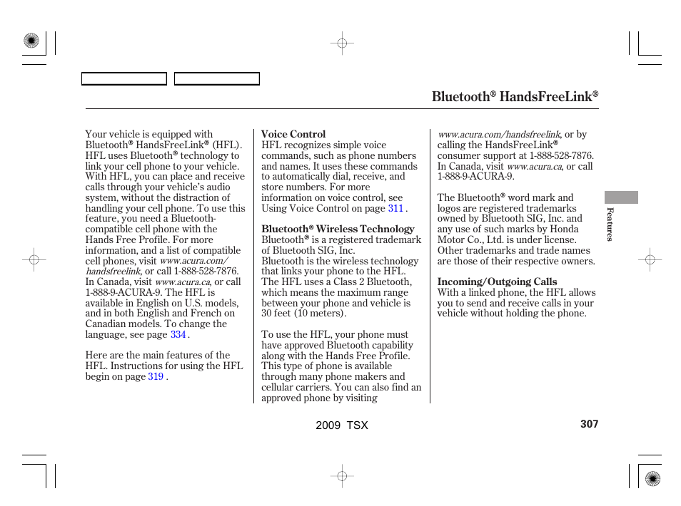 Bluetooth handsfreelink | Acura 2009 TSX User Manual | Page 310 / 524