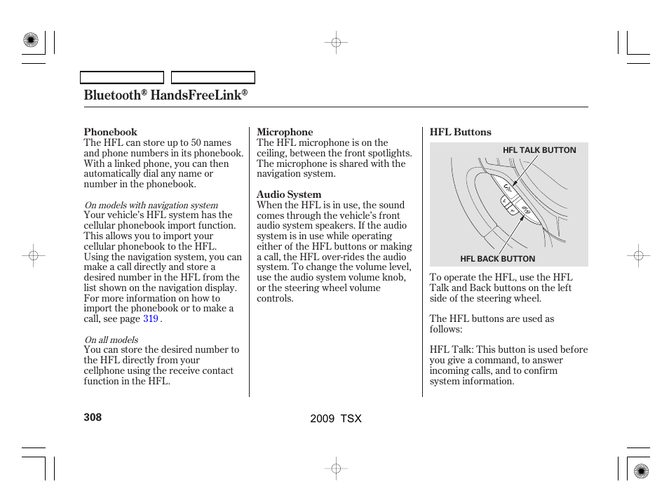 Bluetooth handsfreelink | Acura 2009 TSX User Manual | Page 311 / 524