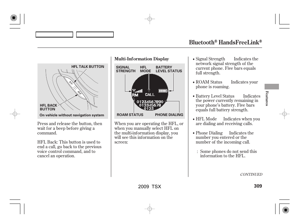 Bluetooth handsfreelink | Acura 2009 TSX User Manual | Page 312 / 524