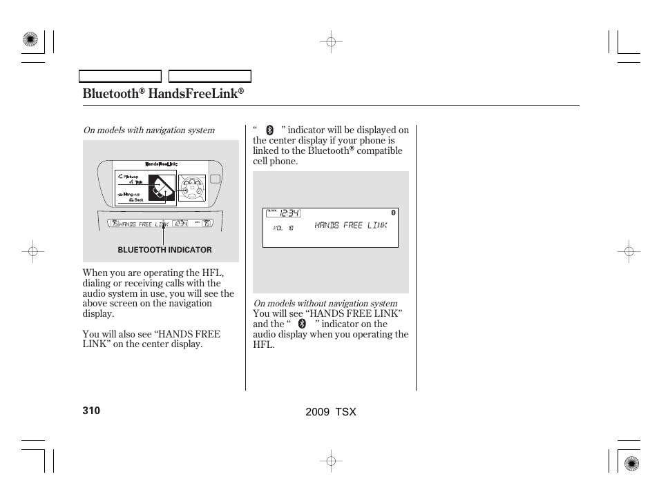 Bluetooth handsfreelink | Acura 2009 TSX User Manual | Page 313 / 524