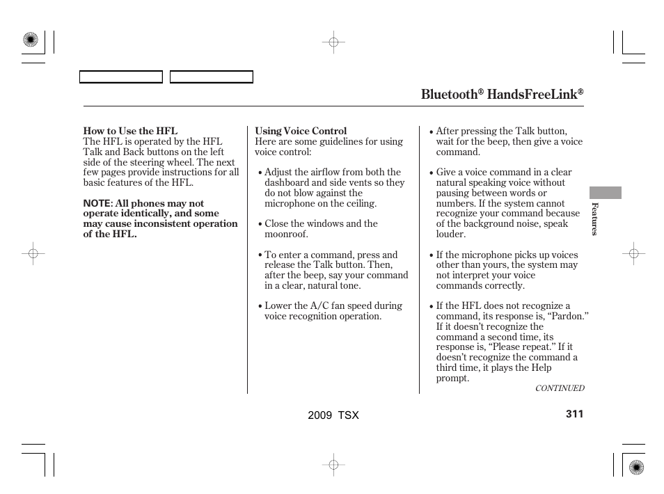 Bluetooth handsfreelink | Acura 2009 TSX User Manual | Page 314 / 524