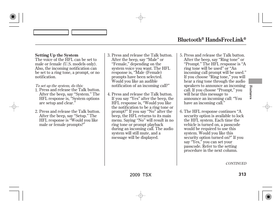 Bluetooth handsfreelink | Acura 2009 TSX User Manual | Page 316 / 524